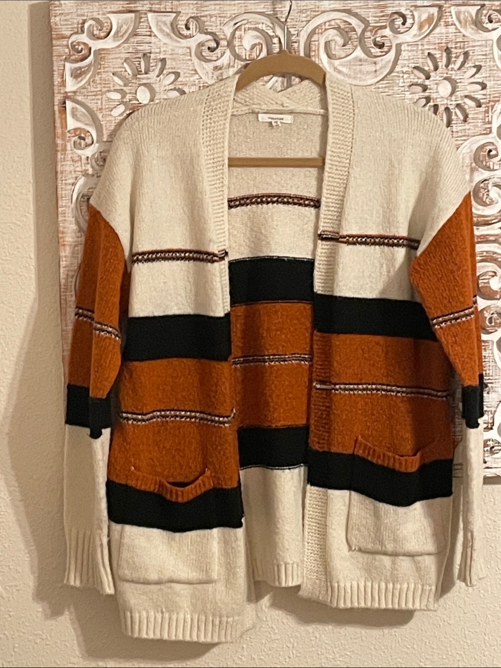 Maurices Open-Front Striped Cardigan in Cream, Rust & Black